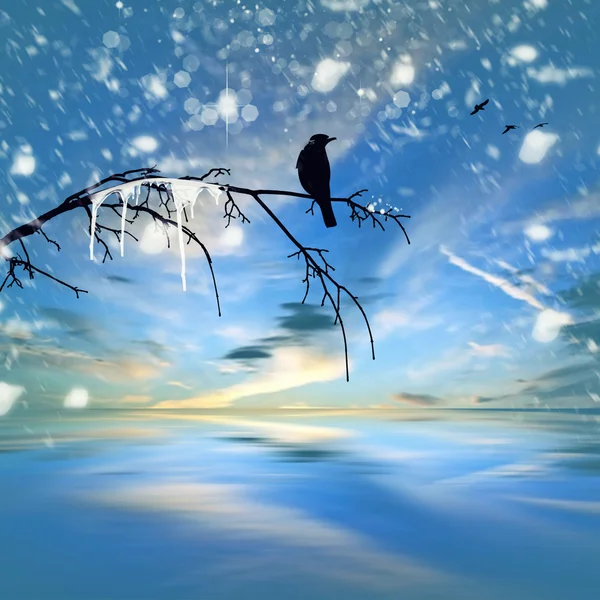 Winter landscape with bird on twig