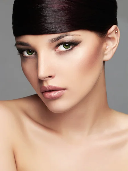 Beautiful Girl Face.Hairstyle. Fringe. Professional Makeup. Vogue Style Woman. hair hat