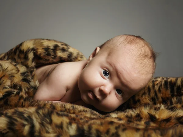 Newborn baby in animal skin.funny little child
