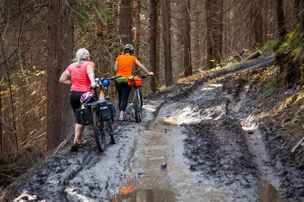 Bikers travel in difficult conditions in autumn forest