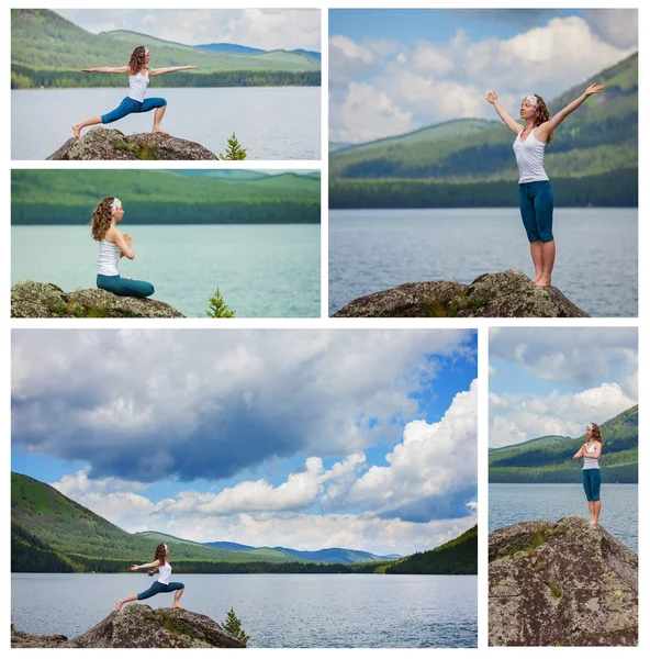 Young woman is practicing yoga at mountain lake