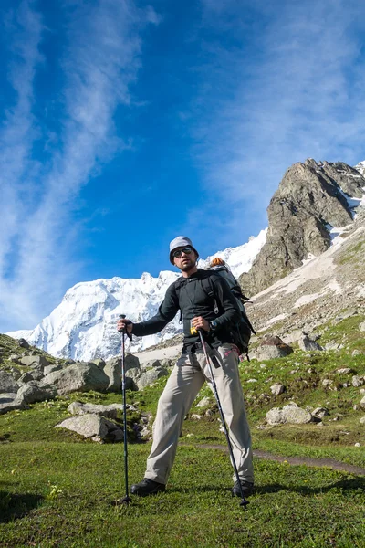 Hikier is climbing mountain in Caucasus mountains in Bezengi reg