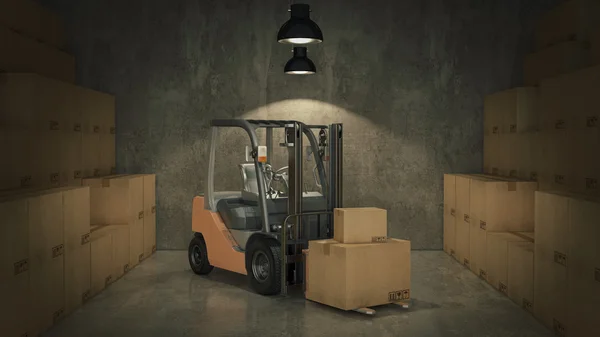 Forklift truck in warehouse or storage loading cardboard boxes. 3d