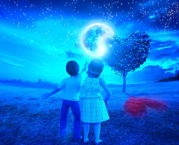 Children in the night of full moon with heart tree