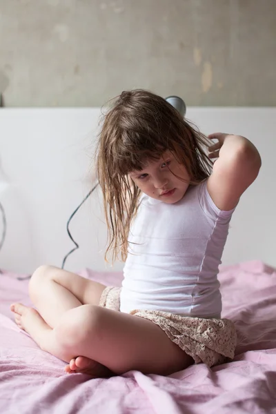 Baby little Girl dries hair, sisters taking care of yourself, th