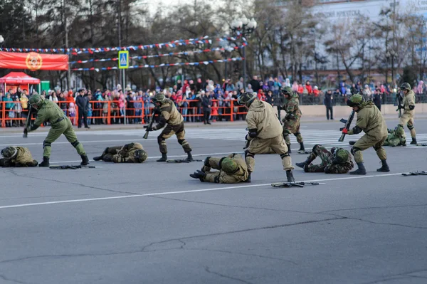 IRKUTSK, RUSSIA - 7 MAY 2015: Rehearsal of the Victory Day parade at Kirov's square, Irkutsk. 70 years of the victory in World War 2 against Nazi Germany