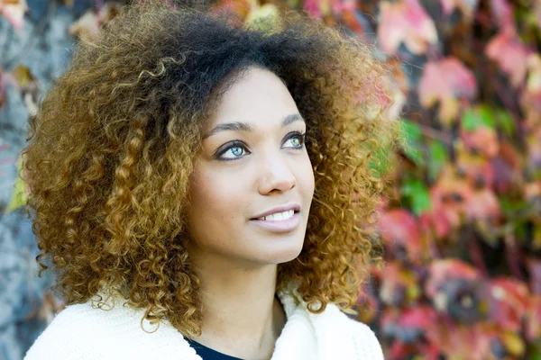 Young African American girl with afro hairstyle and green eyes