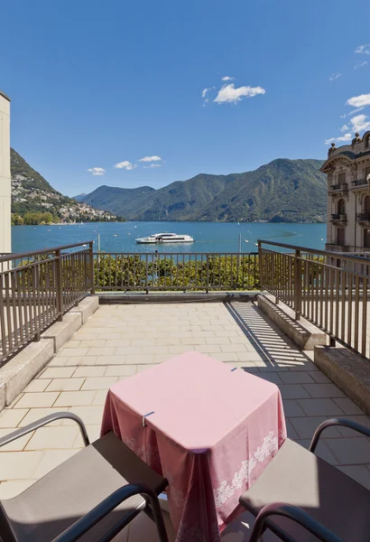 Balcony of the hotel room with lake view