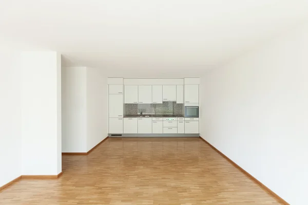 Empty living room with kitchen