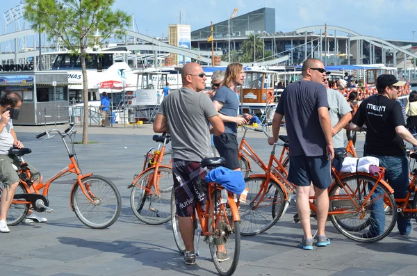 People on bikes in Barcelona, Spain.