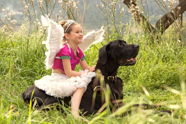 Girl sitting on her dogs in a park field