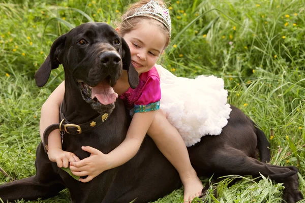 Girl sitting on her dogs in a park field