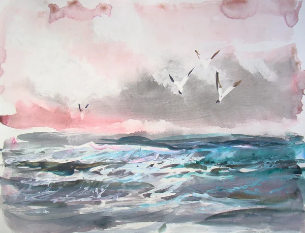 Watercolor seascape. Painting.