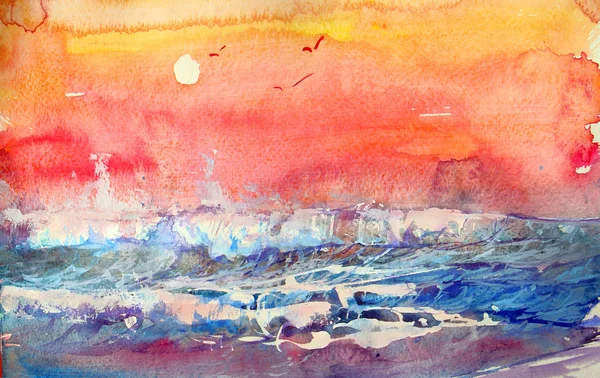 Seascape in warm colors. Watercolor painting.