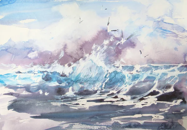 Wave and sea gulls. Watercolor painting.