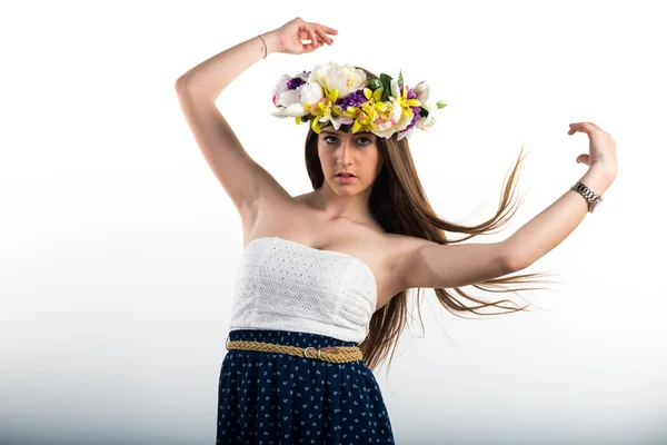 Model woman with crown of flowers