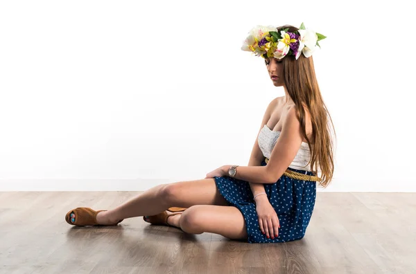 Model woman with crown of flowers