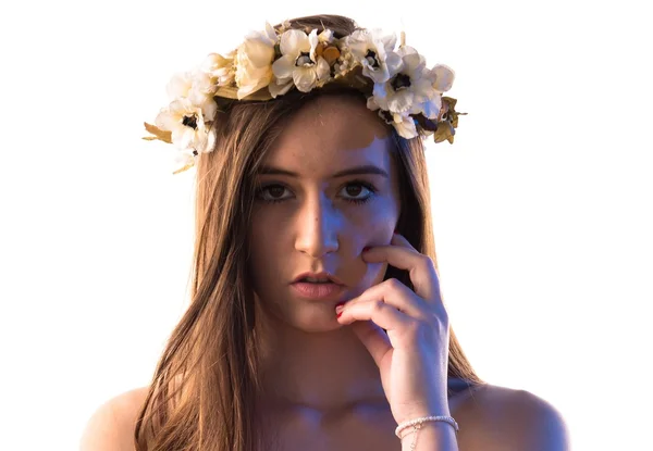 Model woman with crown of flowers