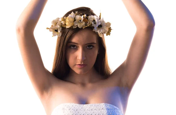 Model woman with crown of flowers