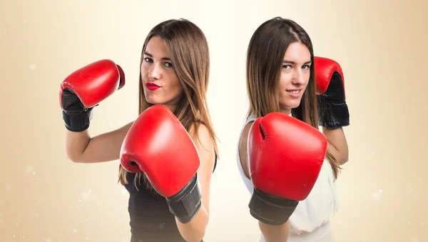 Twin sisters with boxing gloves