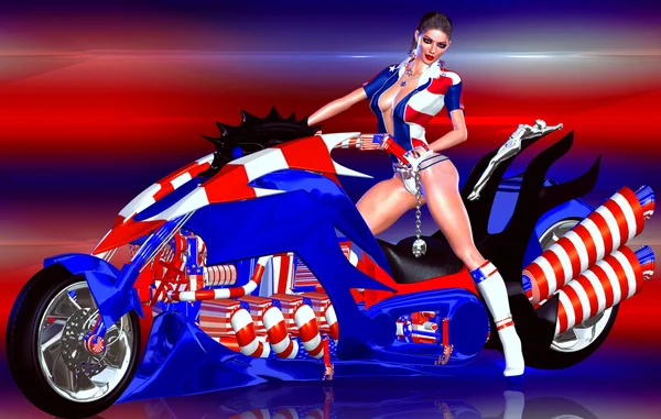 4th of July motorcycle chic. Stars and stripes accentuate every aspect of this fun digital art image for the U.S. Independence day celebration. A slick back hairstyle and sexy bikini bottom complete this hot July scene!
