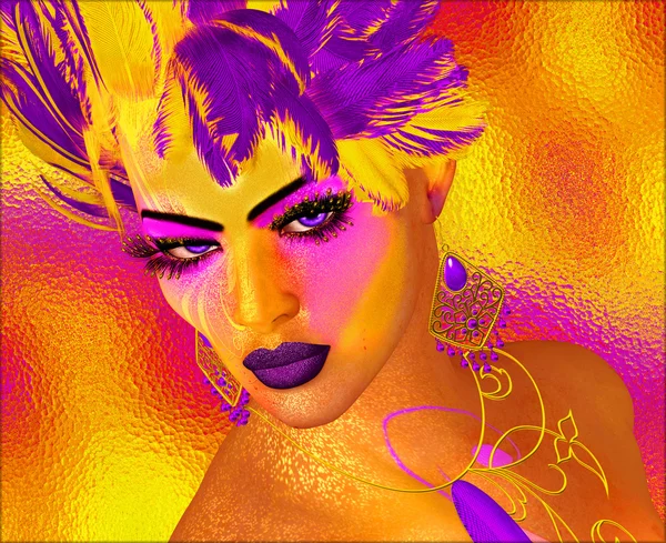 Colorful feathers, makeup,jewelry and floral patterns with a beautiful woman\'s face create this modern digital art look.