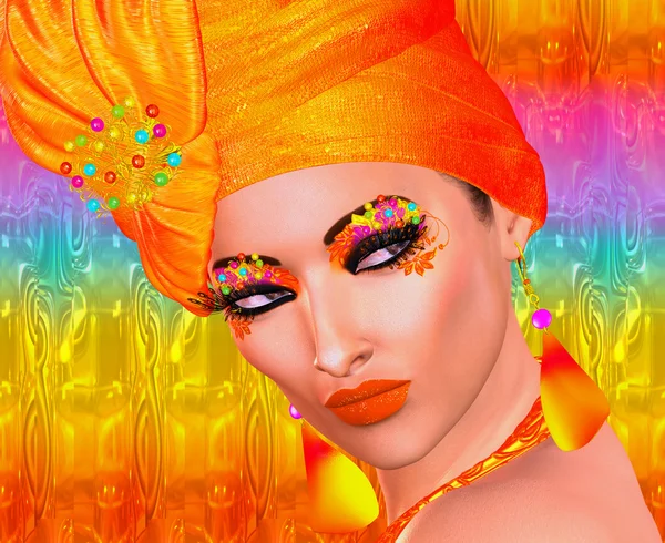 Seductive fashion and beauty image of a woman in a colorful outfit with matching accessories, makeup,eye shadow and more.