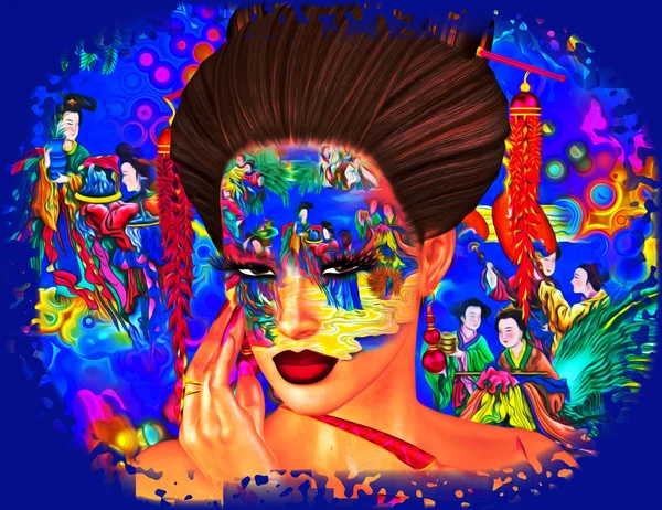 Asian woman beauty, painted face closeup, makeup, eyelashes and hairstyle art with colorful background.
