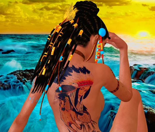 Adult woman with tattoo on back, braided hairstyle, Native American by the Ocean. 3d render digital art scene.