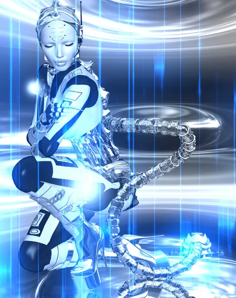 Futuristic robot girl in blue and white metallic gear on an abstract background.