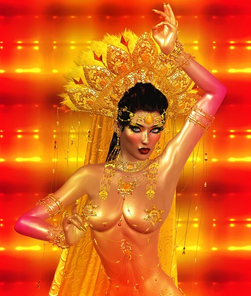 Asian woman with sexy body, belly dancing.  Beautiful face, cosmetics, diamonds and jewelry adorn this Asian girl, all set against an abstract gold background with glowing lights and unique pattern.