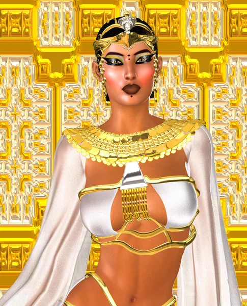 White Queen.  Egyptian digital art fantasy image of a goddess in white and gold standing against a glittering gold background with white diamonds.