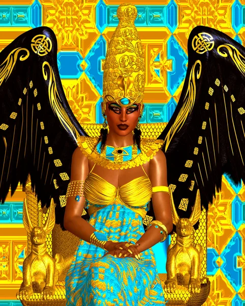 The Angel of Egypt.  Wings of gold and black and feather earrings.  Seated on a gold throne with an Egyptian crown and her wings spread out, this mythical creation exudes serenity and power.
