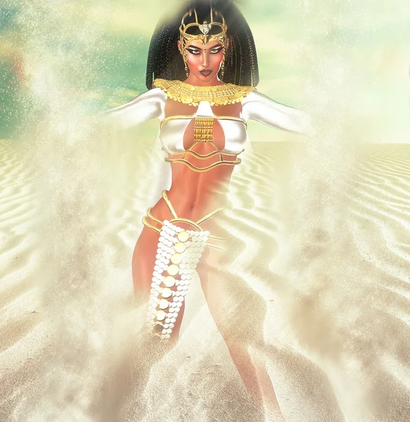 Desert landscape with a magical Egyptian Goddess appearing in the sand.  White sunlight sparkles through the golden sands creating a mystical effect adding to her power and beauty.