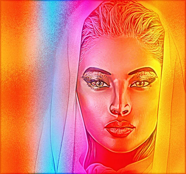 A spiritual woman\'s face close up with a veil with a colorful abstract gradient effect that adds mystery.