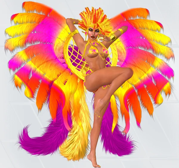 Carnival dancer woman in colorful feathers and headdress.