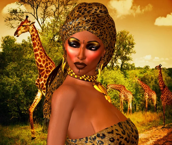 African American Woman in Leopard Print Fashion with Beautiful Cosmetics and Head Scarf.