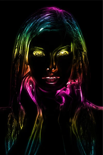 Neon light abstract digital art image of a woman's face close up. Glowing eyes and a black background create an great contrast.