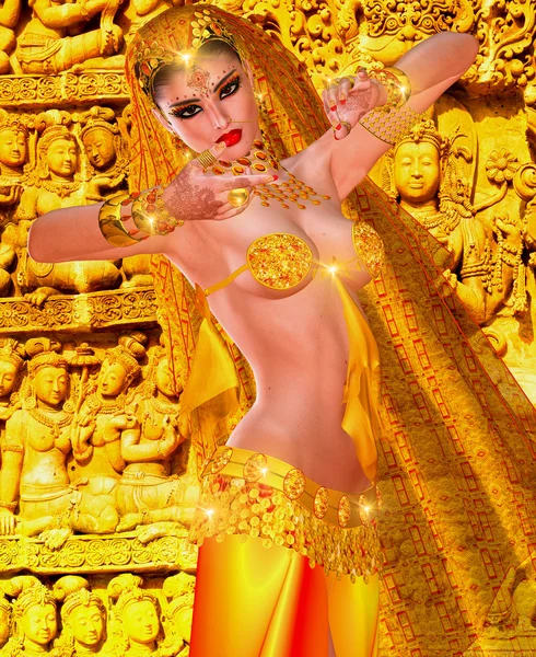 Belly Dancer, dressed in gold with an Indian temple background and shining lights,this belly dancer exudes mystery and seduction