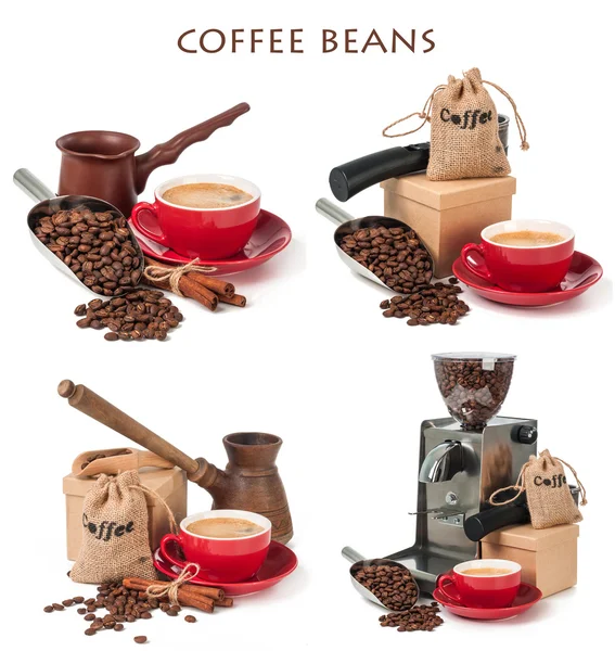 Mix, coffee beans and a cup of coffee isolated