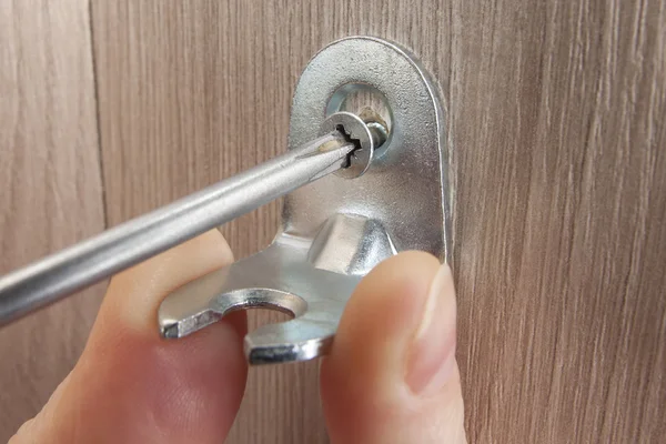 Screw Being Screwed In Wooden Furniture using phillips screwdriver close-up.