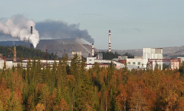 Mining plant in Russia, autumnal forest, factory buildings, slag heaps.