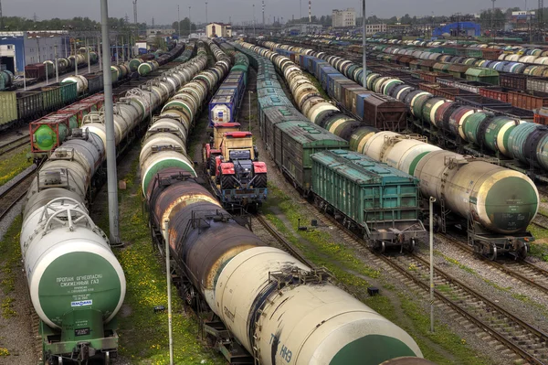 Freight trains on city cargo terminal, Russian Railways.