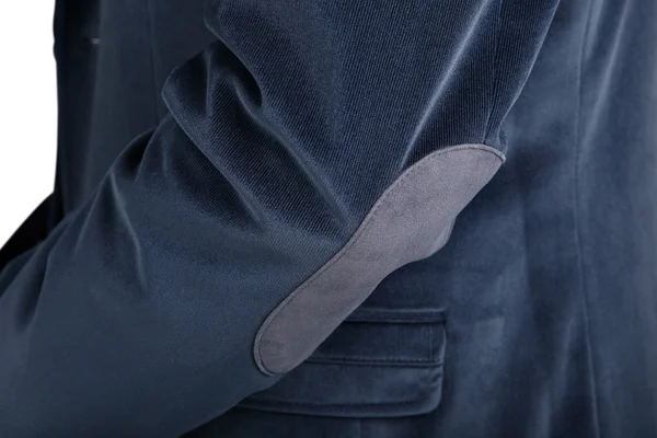 Close-up velvet navy blue mens blazer, isolated over white.