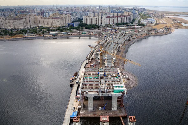Guyed bridge across Petrovsky fairway during construction, Saint-Petersburg, Russia