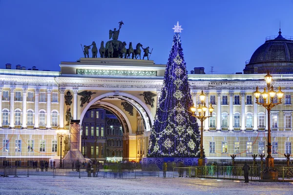 Christmas tree on Palace Square in St. Petersburg, Russia, nighttime.