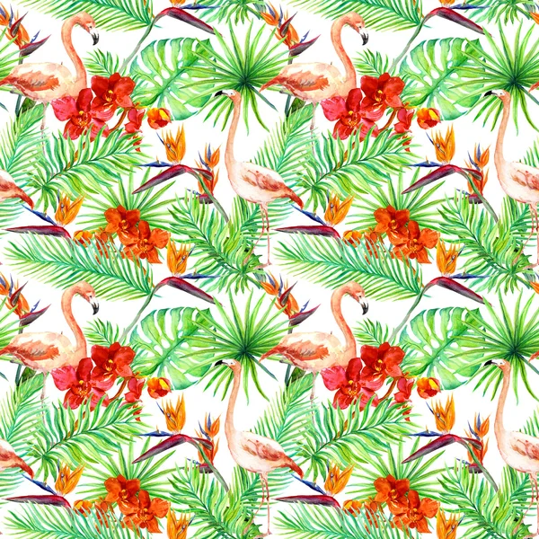 Flamingo, tropical leaves and exotic flowers. Seamless jungle background. Watercolor
