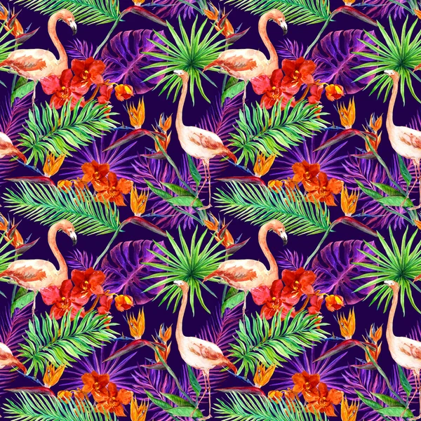 Tropical exotic leaves, orchid flowers, neon light. Seamless pattern. Watercolor