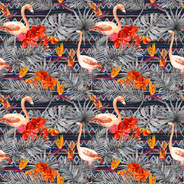 Flamingo, tropical leaves, exotic flowers. Seamless tribal background. Watercolor