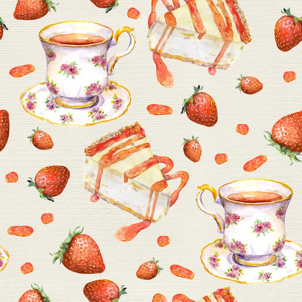 Tea background - cake, teacup, strawberry. Seamless pattern. Watercolor